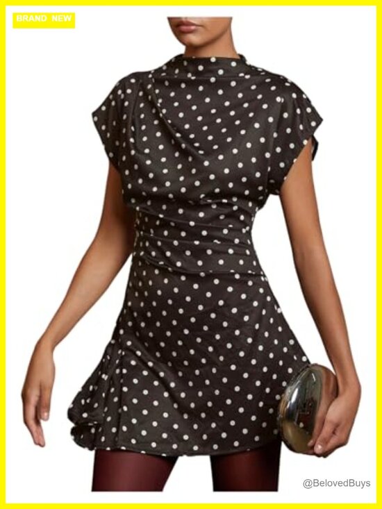 Dresses & Skirts - Polka Dot Mock Neck Mini Dress Ruched Sleeve Party Bodycon
